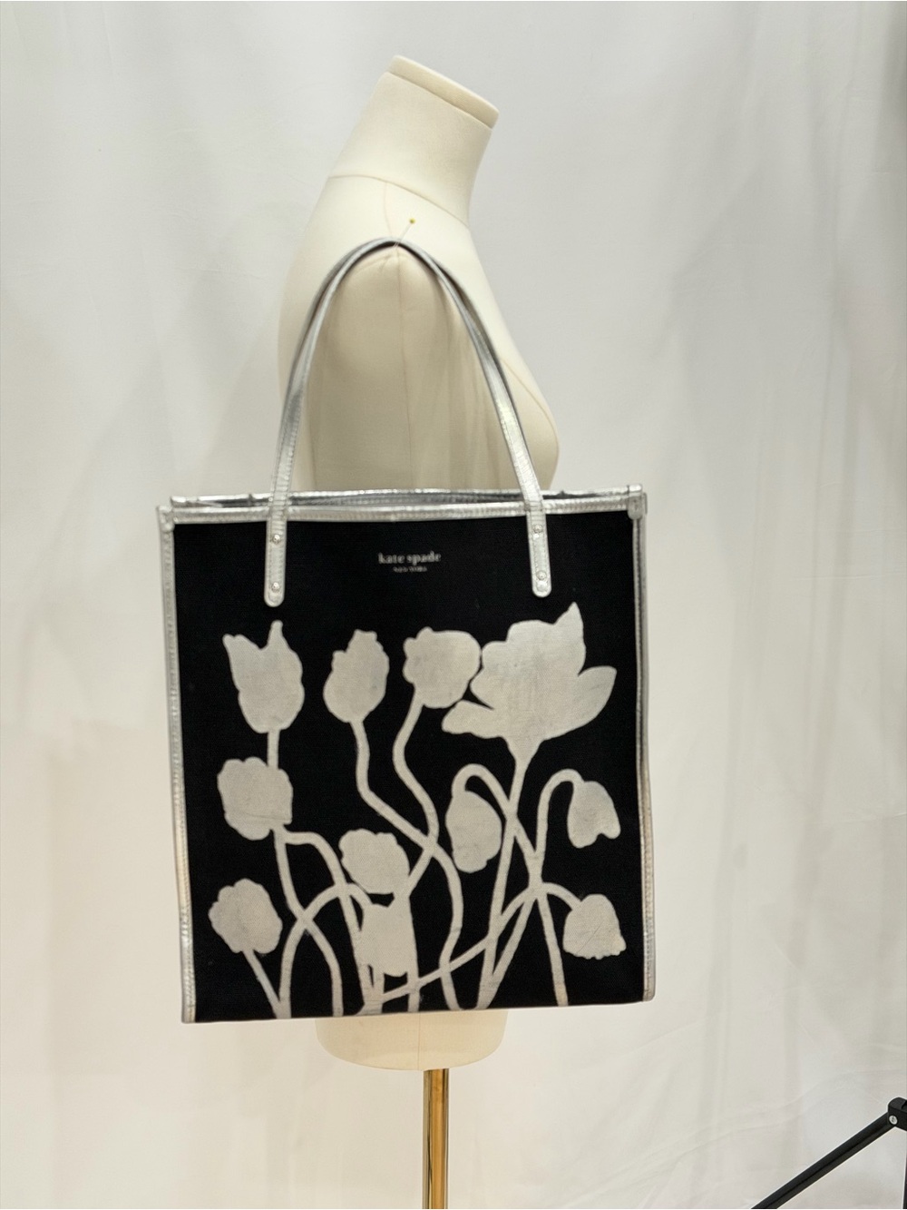 Kate Spade Black Silver Floral Canvas Tote Bag